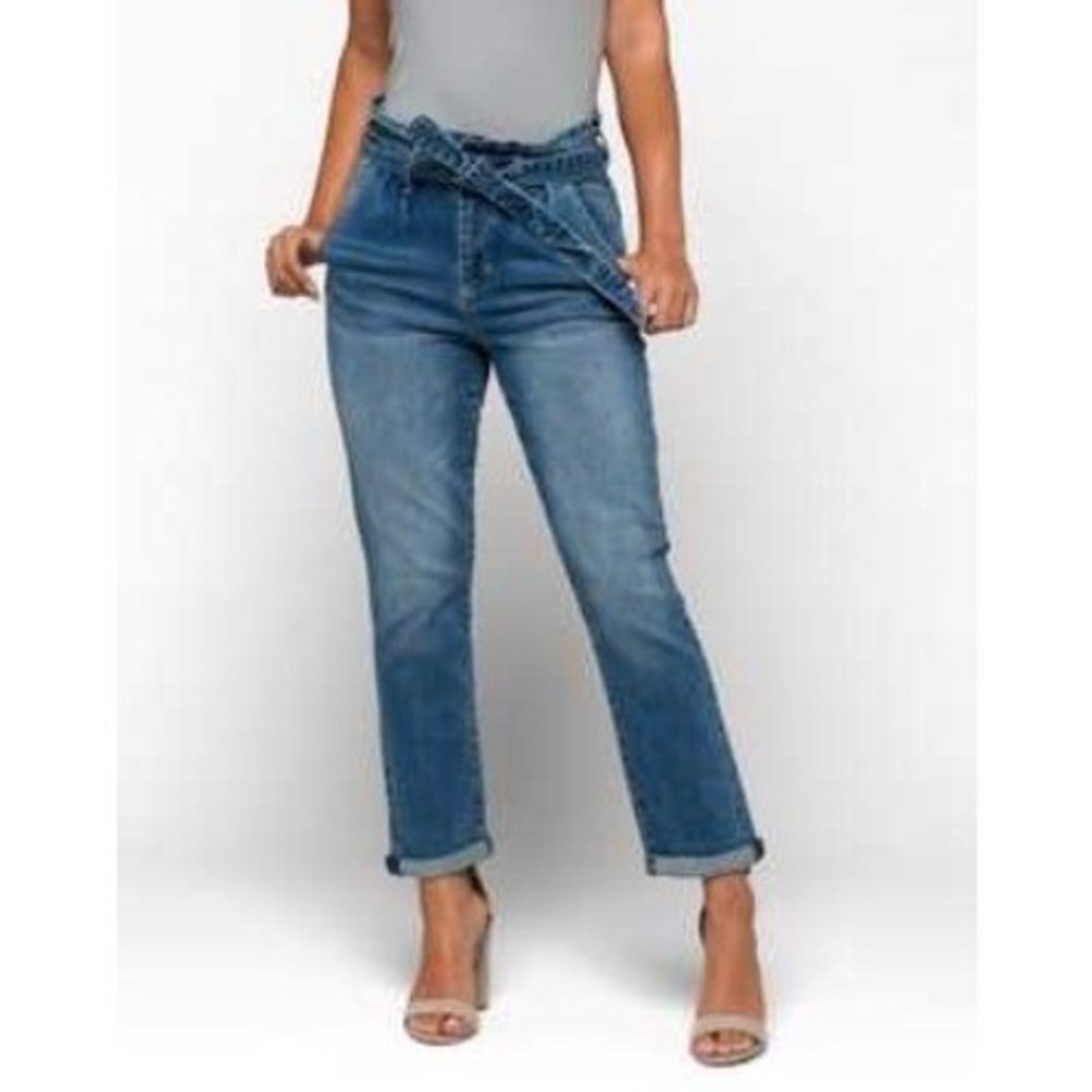 ASHLEY MASON Paperbag High Waist Belted Denim‎ Jeans Size 9 Frayed Raw Hem